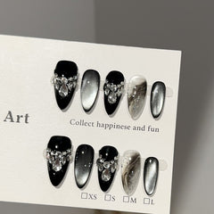 Handmade Midnight Onyx Cat-Eye Press-On Nails  –Medium ALMOND | 10 PCS Set