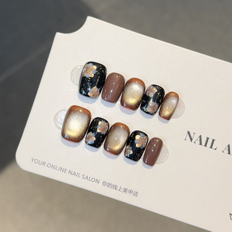 Ditto vintage amber flowers short square press-on nails reusable design