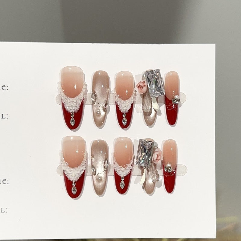Ditto red wine stain long oval press-on nails reusable luxury design