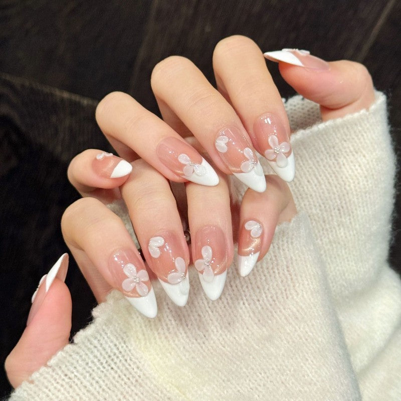 Ditto 3D milky white medium almond press-on nails reusable design