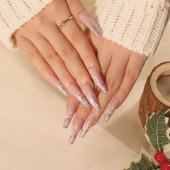 Frosted Pink Glitter Press-On Nails –long Ballet | 24 PCS Set