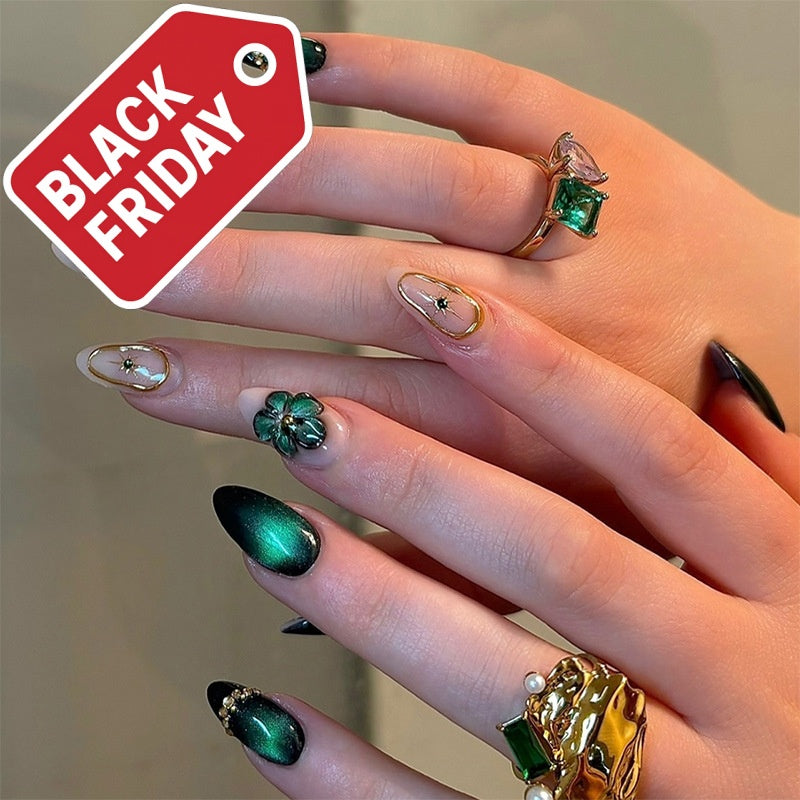 Glam Emerald Green Cat Eye  Press-On Nails –Medium Almond | 24PCS Set