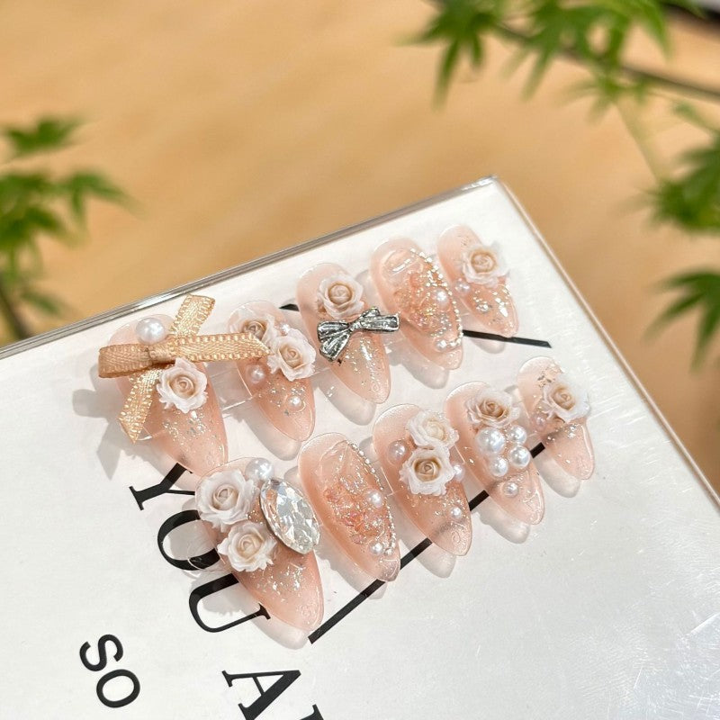 Ditto iced camellia bloom long almond press-on nails reusable design
