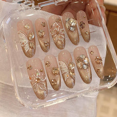 Handemade Champagne Butterfly Luxe Press-On Nails –Long OVAL | 10 PCS Set