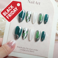 Modern Green White Grid Press-On Nails –Medium Almond | 30PCS Set