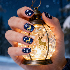 Navy Reindeer Christmas Press-On Nails –Short SQUARE | 24 PCS Set