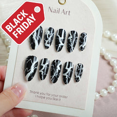 Goth-Glam Black White Marble Nails–Medium Almond | 24PCS Set