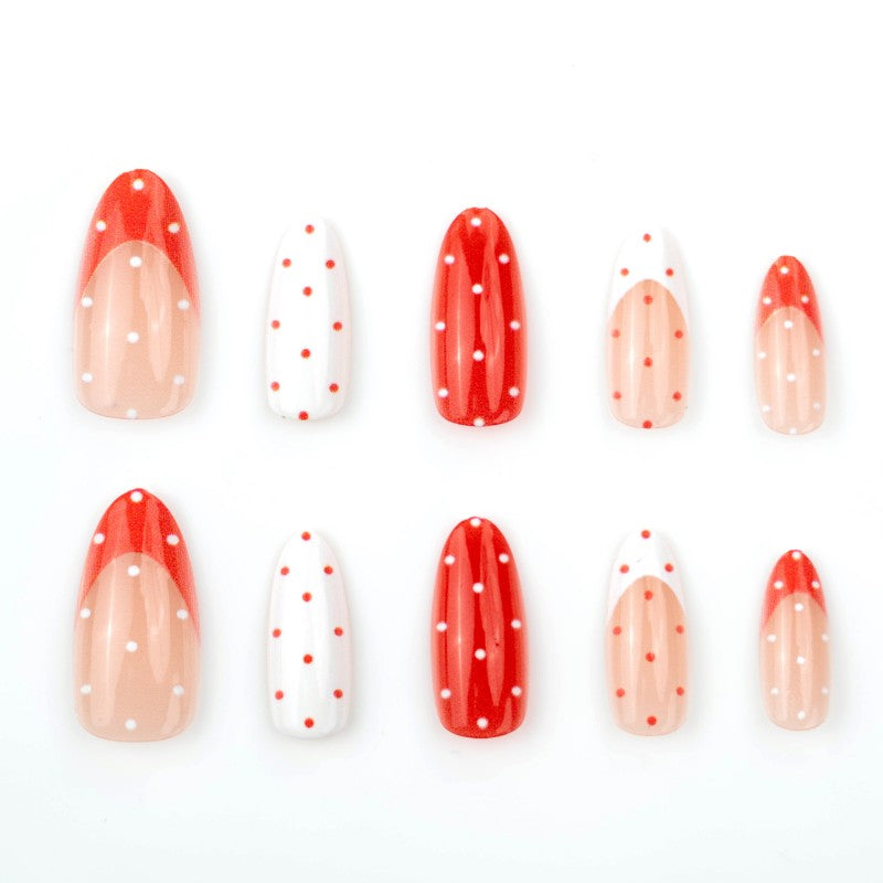 Ditto red polka dotty short almond press-on nails reusable design