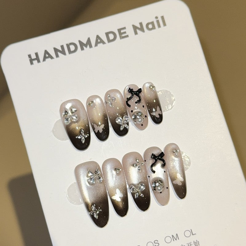 Ditto dark butterfly medium oval press-on nails reusable design