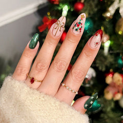 Rhinestone Christmas Tree  Press-On Nails –Short ALMOND | 24PCS Set