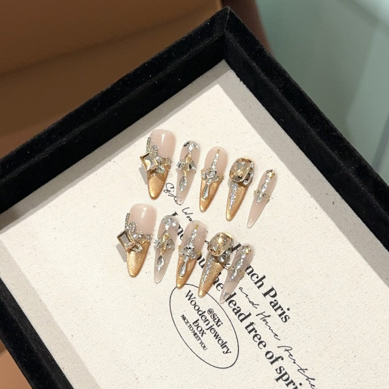 Handmade 24K Royal Cat-Eye Press-On Nails–Long STILETTO  | 10 PCS Set