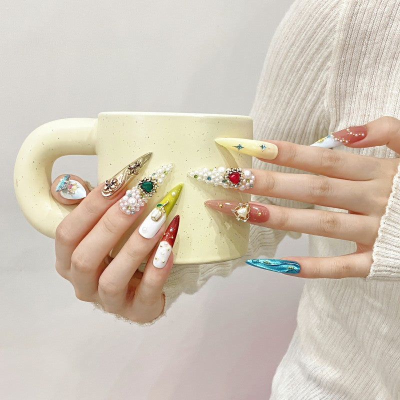 Handmade Jewel Blossom Press-On Nails – Stiletto |Long