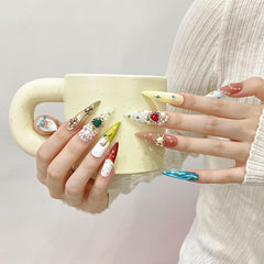 Handmade Jewel Blossom Press-On Nails – Stiletto |Long