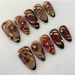 Luxe Gilded 3D Leopard Floral Press-On Nails –Medium Almond | 30PCS Set
