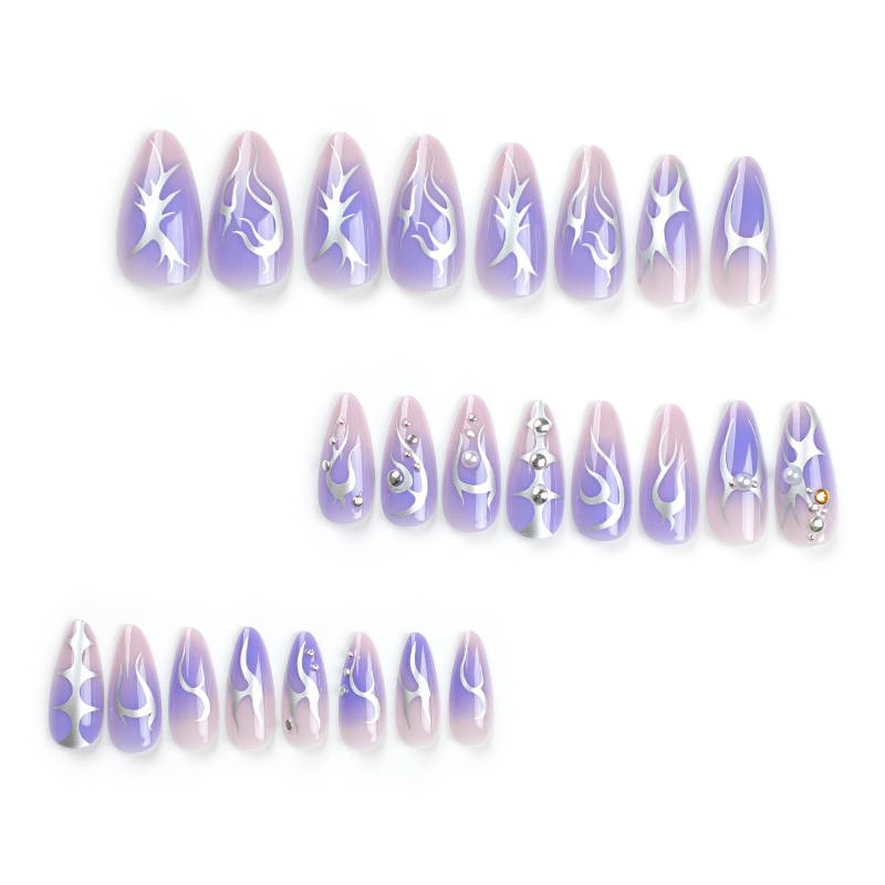 Purple Silver-Stamped  Press-On  Nails- Almond | Long