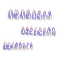 Purple Silver-Stamped  Press-On  Nails- Almond | Long
