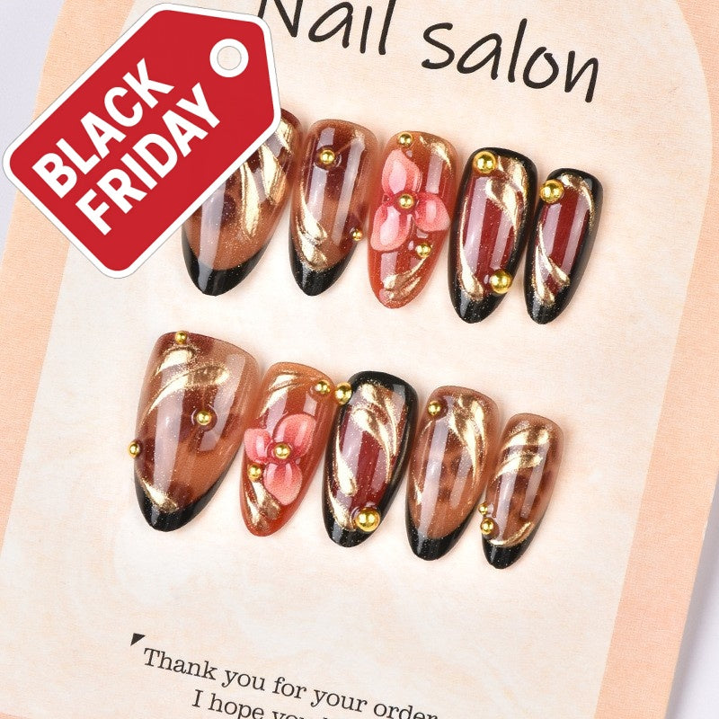 Luxe Gilded 3D Leopard Floral Press-On Nails –Medium Almond | 30PCS Set