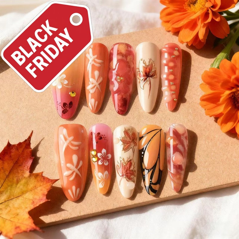 Handcrafted 3D Floral & Maple Press-On Nails –Long Almond | 30PCS Set
