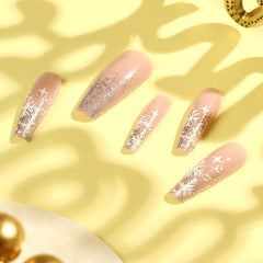Frosted Pink Glitter Press-On Nails –long Ballet | 24 PCS Set