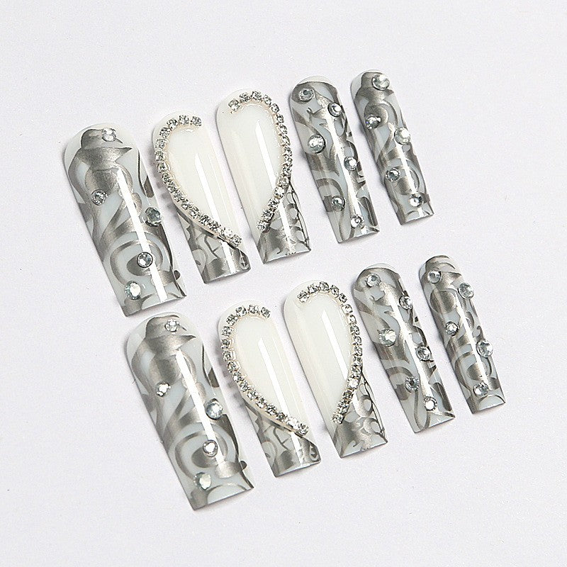 Ditto noir French love heart long square press-on nails reusable design