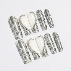 Ditto noir French love heart long square press-on nails reusable design