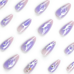Purple Silver-Stamped  Press-On  Nails- Almond | Long