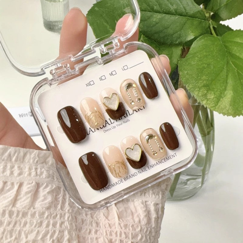 Ditto amber brown medium square press-on nails reusable design