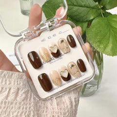 Ditto amber brown medium square press-on nails reusable design