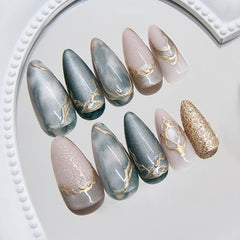 Chic 3D Gold Foil Cat Eye Press-On Nails –Medium Almond | 24PCS Set