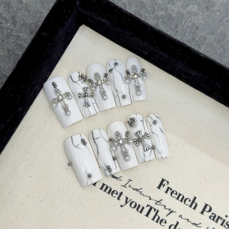 Handmade Armor Cross Press-On Nails – Square|  Long