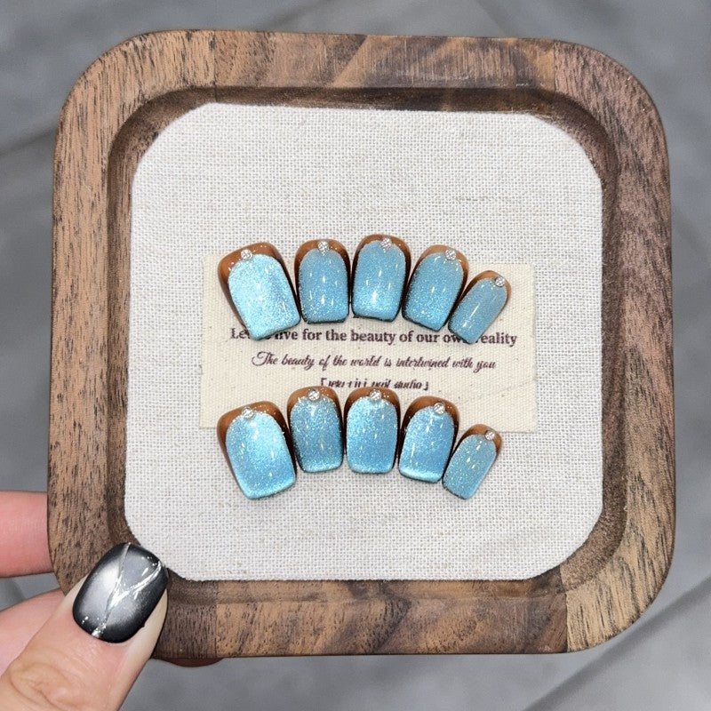 Short ballet waterproof vegan reusable misty blue amber press-on nails Ditto