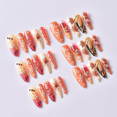 Handcrafted 3D Floral & Maple Press-On Nails –Long Almond | 30PCS Set