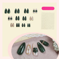 Glam Emerald Green Cat Eye  Press-On Nails –Medium Almond | 24PCS Set