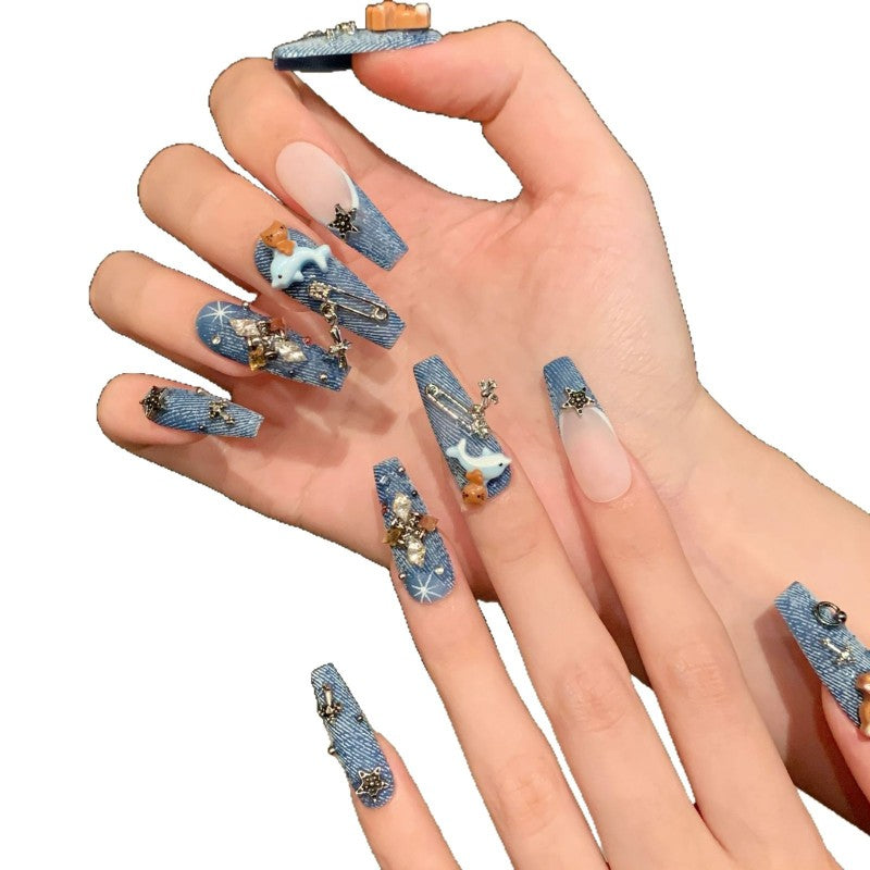 Handmade Denim Cat Press-On Nails – BALLET | Long