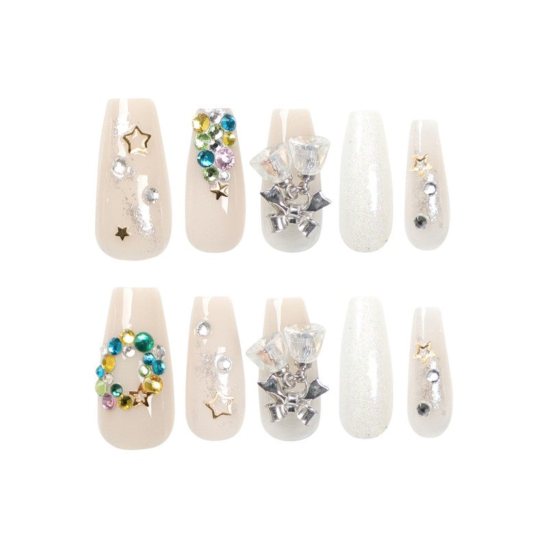 Christmas Bow Crystal Press-On Nails –long Ballet | 24 PCS Set
