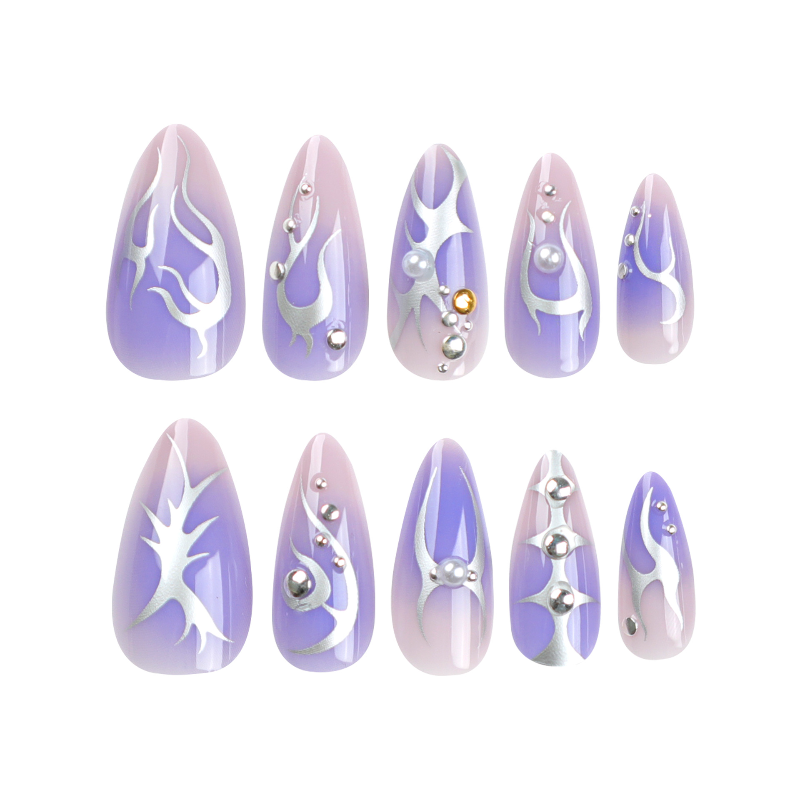 Purple Silver-Stamped  Press-On  Nails- Almond | Long