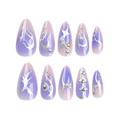 Purple Silver-Stamped  Press-On  Nails- Almond | Long