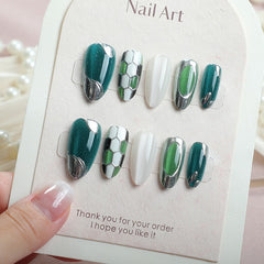 Modern Green White Grid Press-On Nails –Medium Almond | 30PCS Set