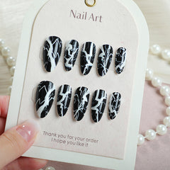 Goth-Glam Black White Marble Nails–Medium Almond | 24PCS Set