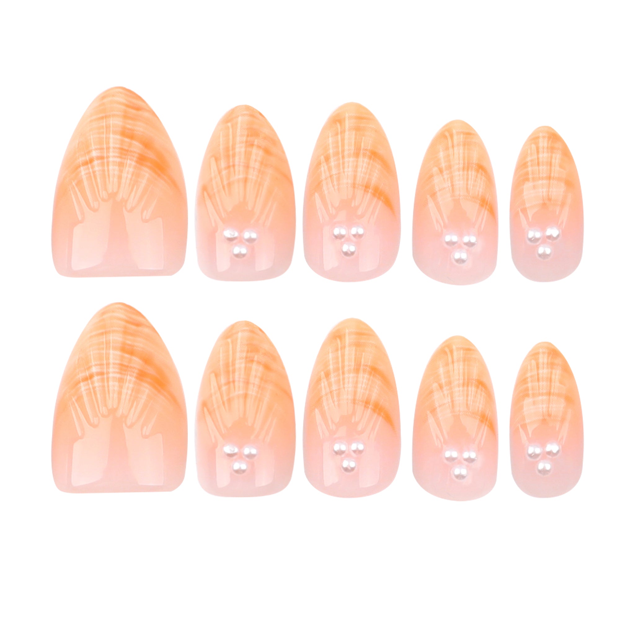 30-Piece Orange French 3D Shell Pearl Press-On False Nails