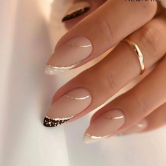 Nude with gold French  press on nails