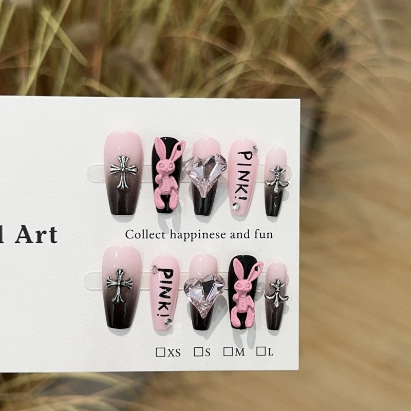 Ditto Pink Bunny Girl medium ballet press-on nails reusable design