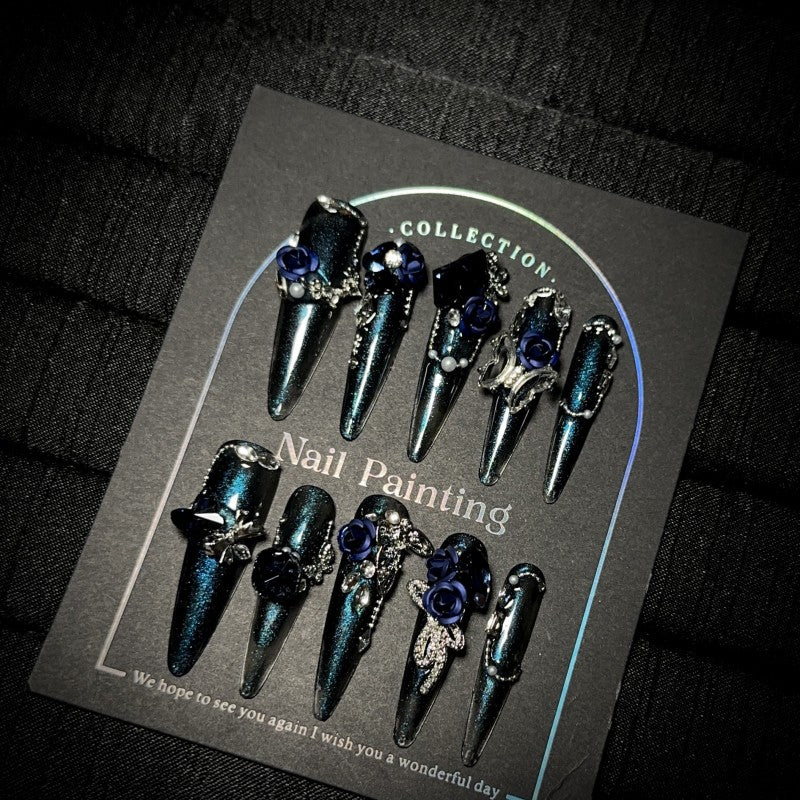 Ditto Blue Secret Realm long stiletto press-on nails reusable design
