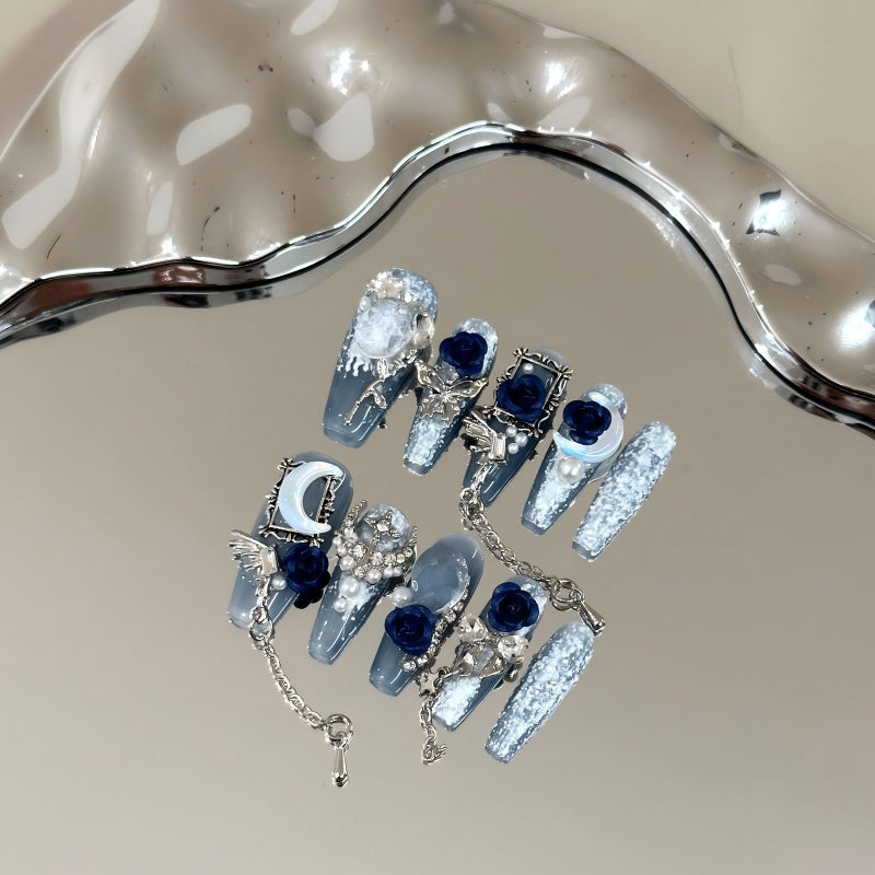 Handmade Frost-Blue Camellia Press-On Nails –Long BALLET | 10 PCS Set